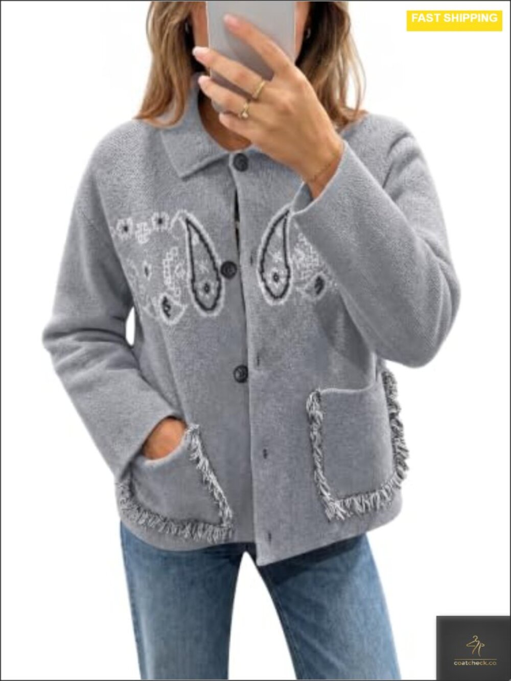 Womens Boho Cardigan Fringe Paisley Sweater with Pockets